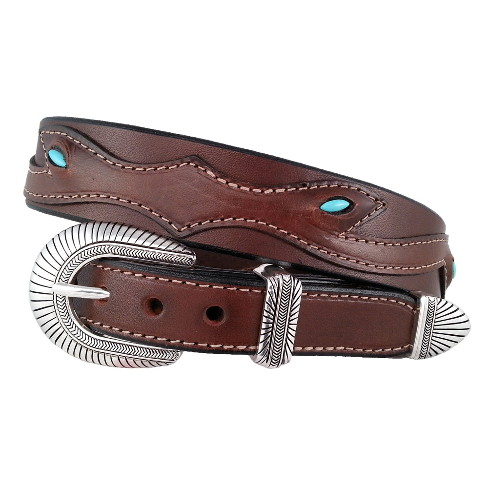 CTM Men's Oil Tanned Leather Belt - 1.5 Inch Wide With Turquoise Embossed Accents, Size 42 Black